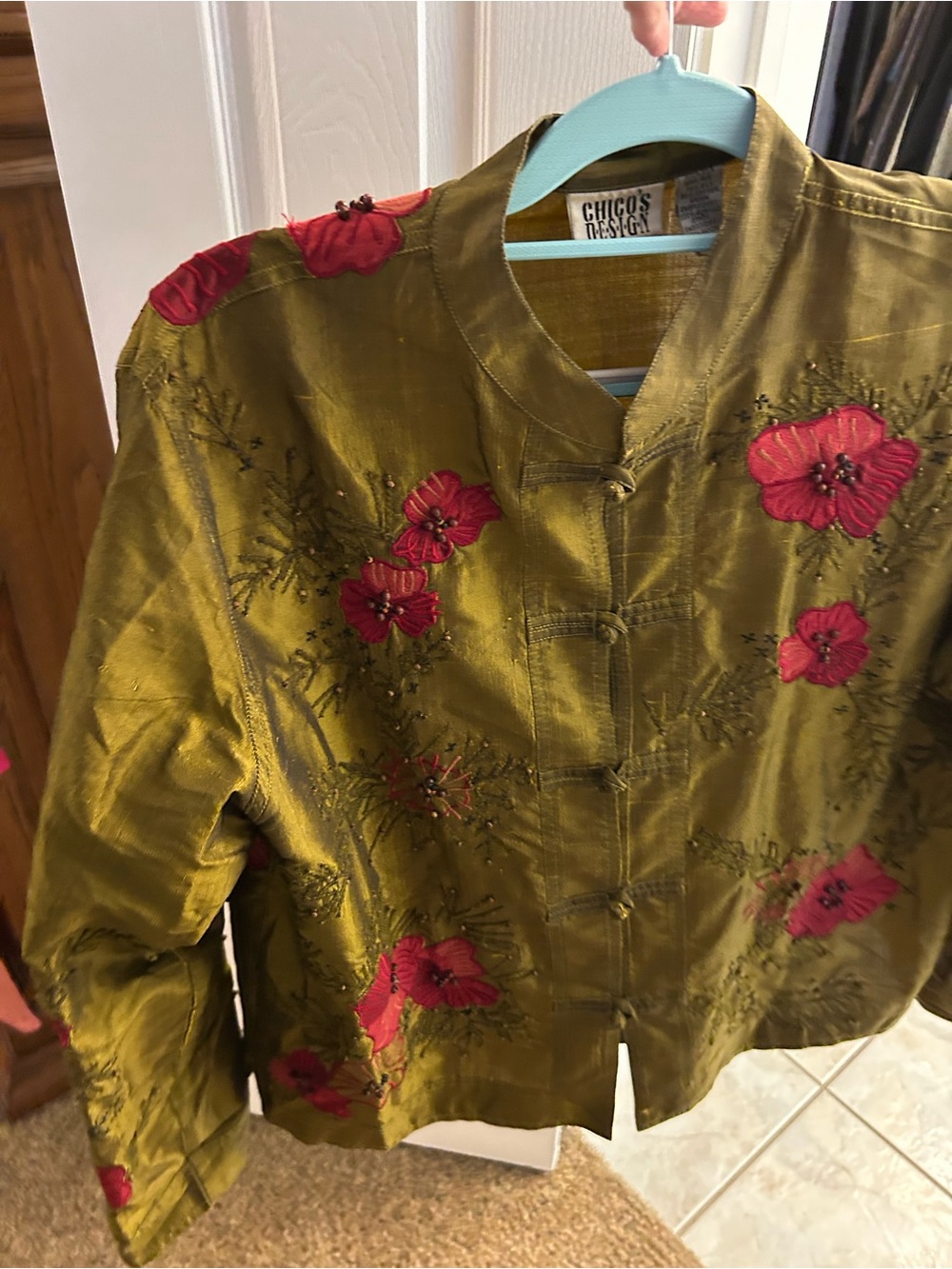 Chico's Olive Green Jacket with Pink Floral Embroidery - Picture 5 of 5